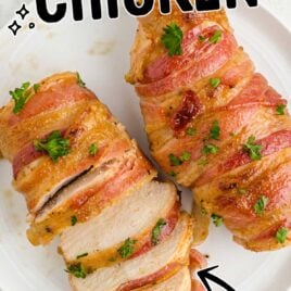 overhead shot of a plate of Bacon-Wrapped Chicken garnished with parsley