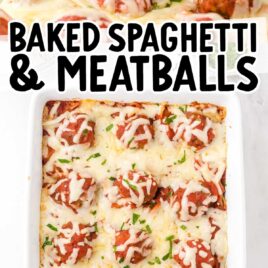 spoon grabbing a piece of Baked Spaghetti and Meatballs and a overhead shot of Baked Spaghetti and Meatballs in a baking dish