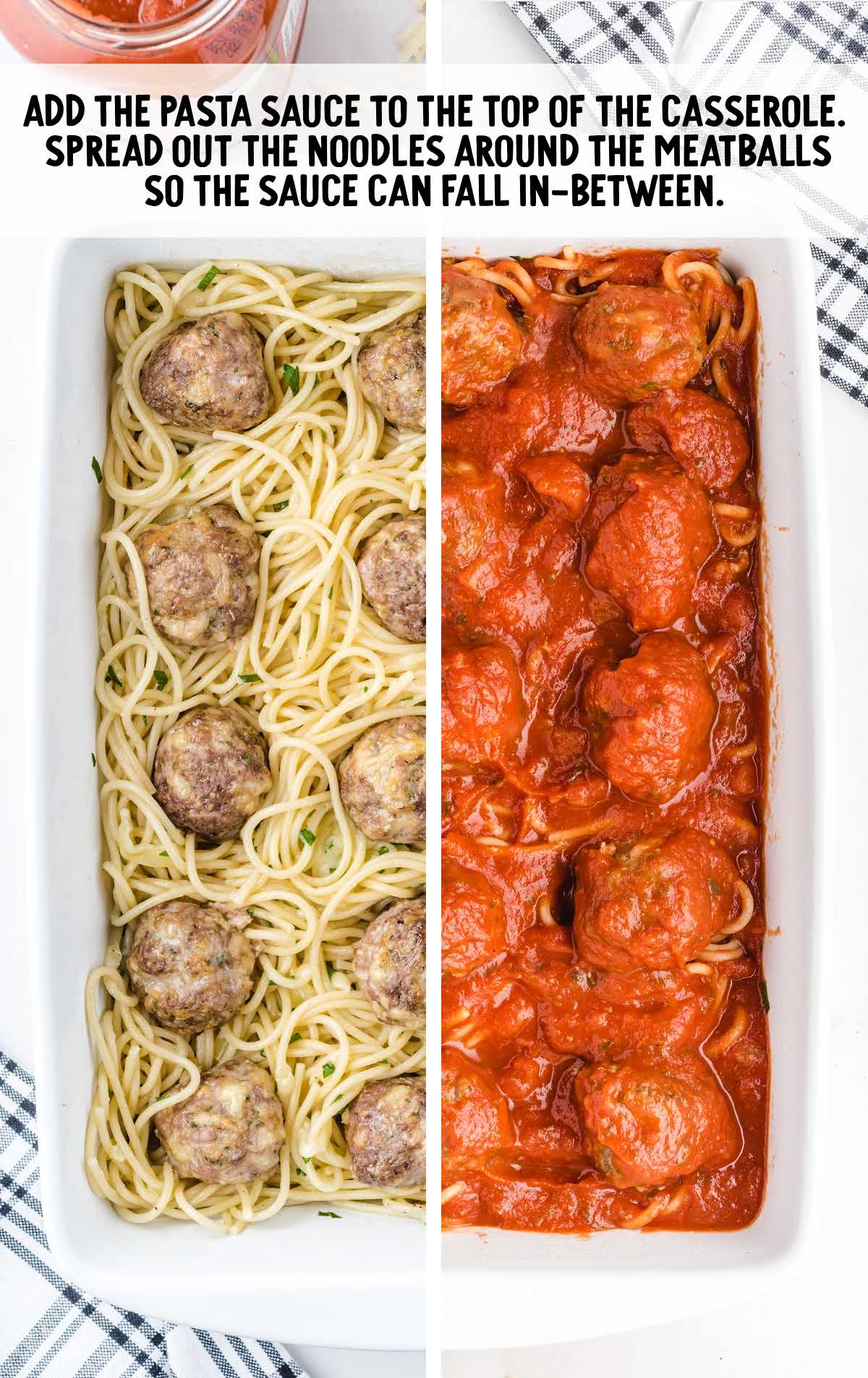pasta with meatballs in a baking dish and then poured with sauce