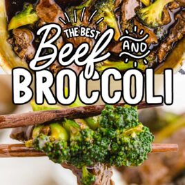 overhead shot of Beef and Broccoli in a baking pan and sticks picking up a piece of Beef and Broccoli