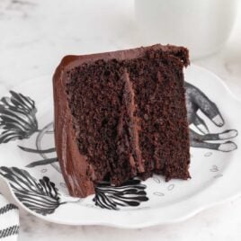 a slice of Black Magic Cake on a plate