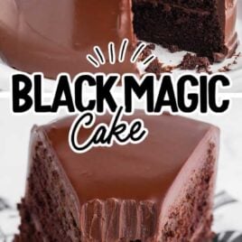 Black Magic Cake with a slice taken out and a close up shot of a slice of Black Magic Cake