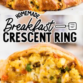 close up shot of Breakfast Crescent Ring and a close up shot of a slice of Breakfast Crescent Ring