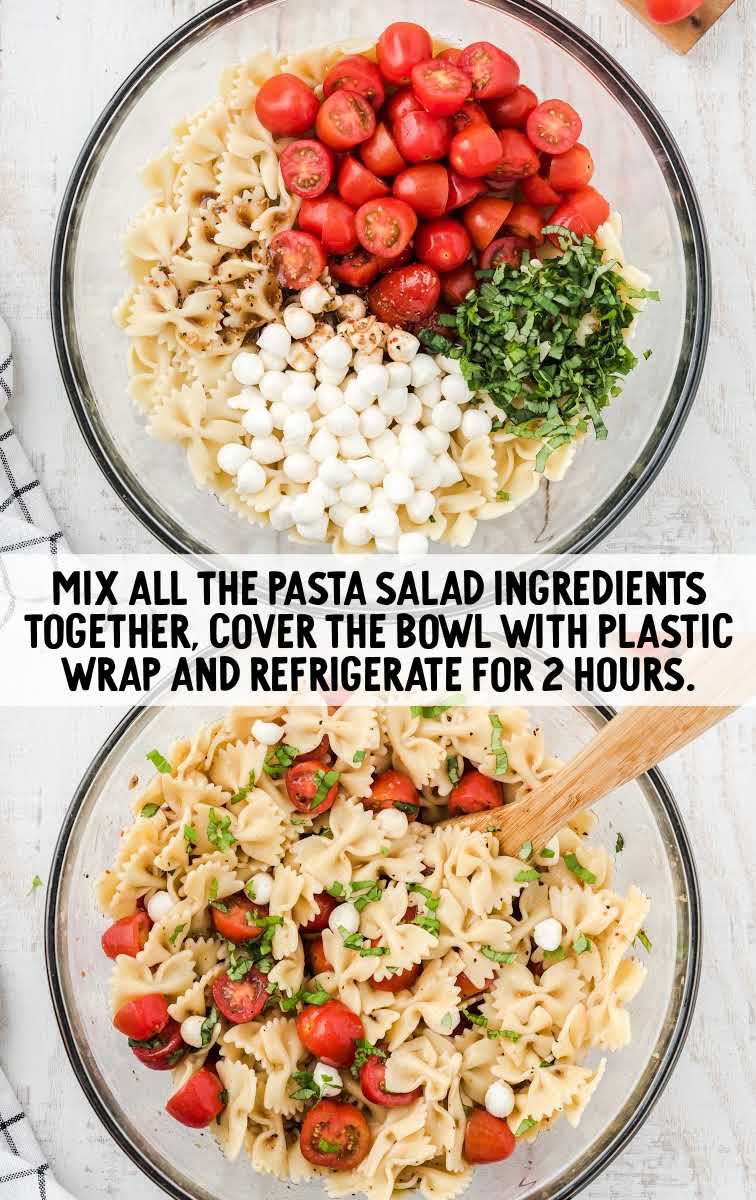 pasta salad ingredients being mixed together in a bowl