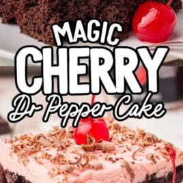 close up shot of a slice of Cherry Dr Pepper Cake topped with a cherry on a plate