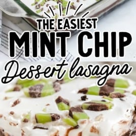 Overhead and close-up of layered mint chip dessert lasagna with Oreo crust, green mint layer, chocolate pudding, and whipped topping sprinkled with mint chocolate chunks.