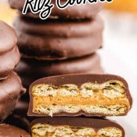 a close up shot of Chocolate Peanut Butter Ritz Cookies split in half