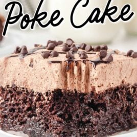 chocolate poke cake garnished with chocolate chips on a white plate