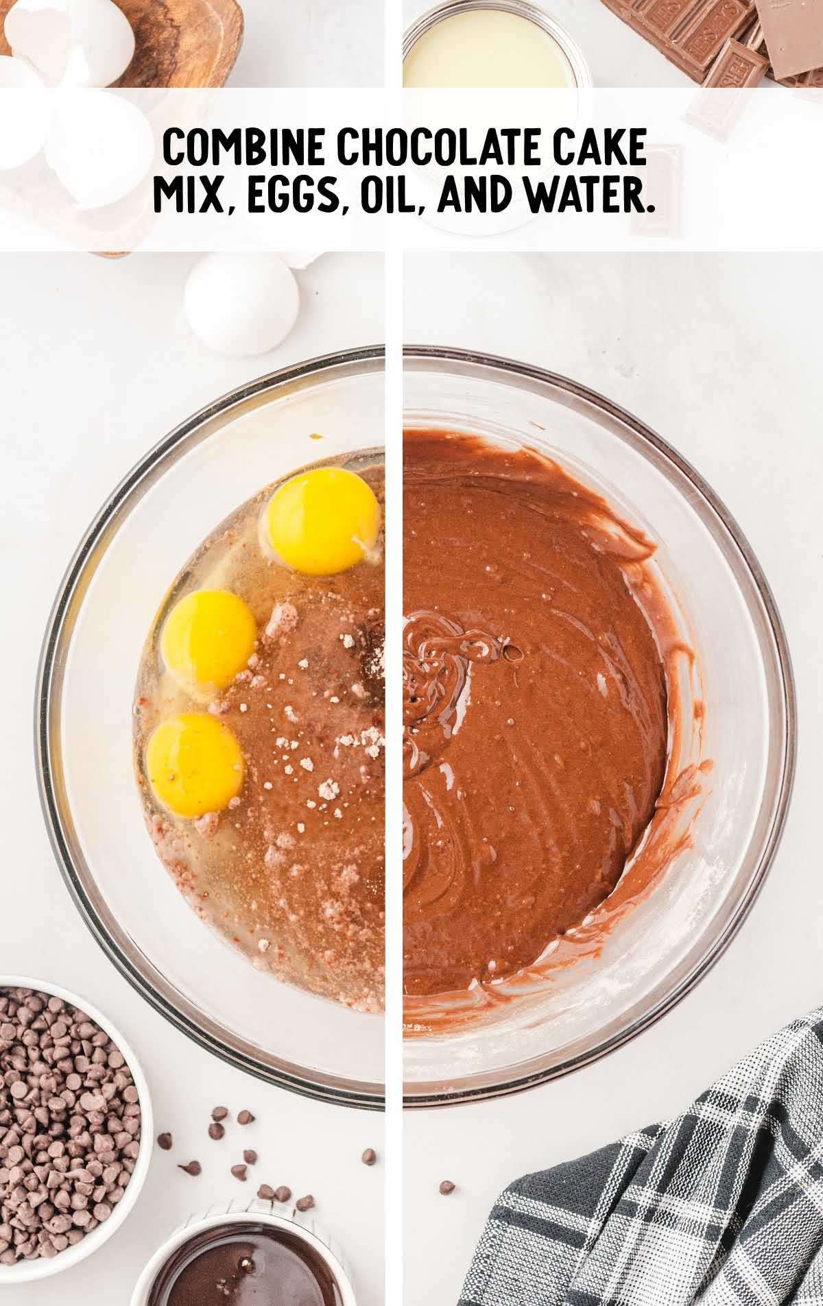 chocolate cake mix, eggs, oil, and water combined in a bowl