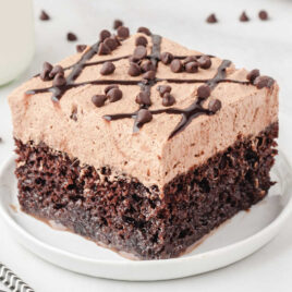 close up shot of a slice of chocolate poke cake garnished with chocolate chips on a white plate