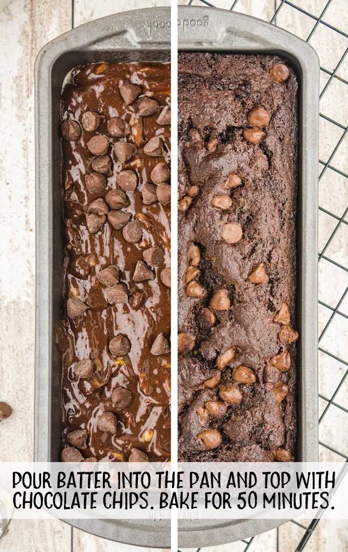 chocolate zucchini bread process shot of before and after bread is baked with chocolate chips on top