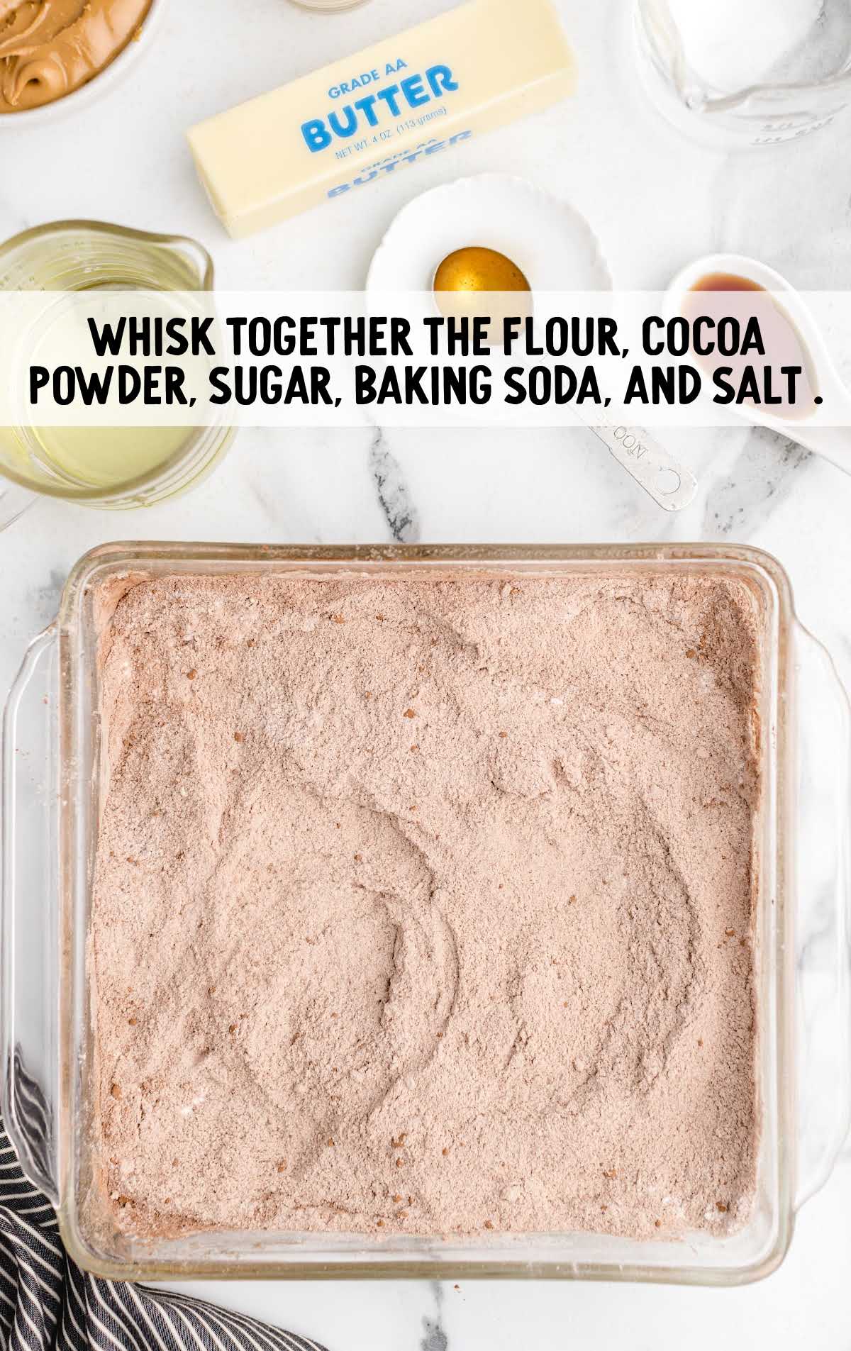 flour, cocoa powder, sugar, baking soda, and salt whisked together