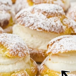 Cream puffs on a white plate with text overlay “The Best Cream Puffs – Creamy Vanilla Filling.”