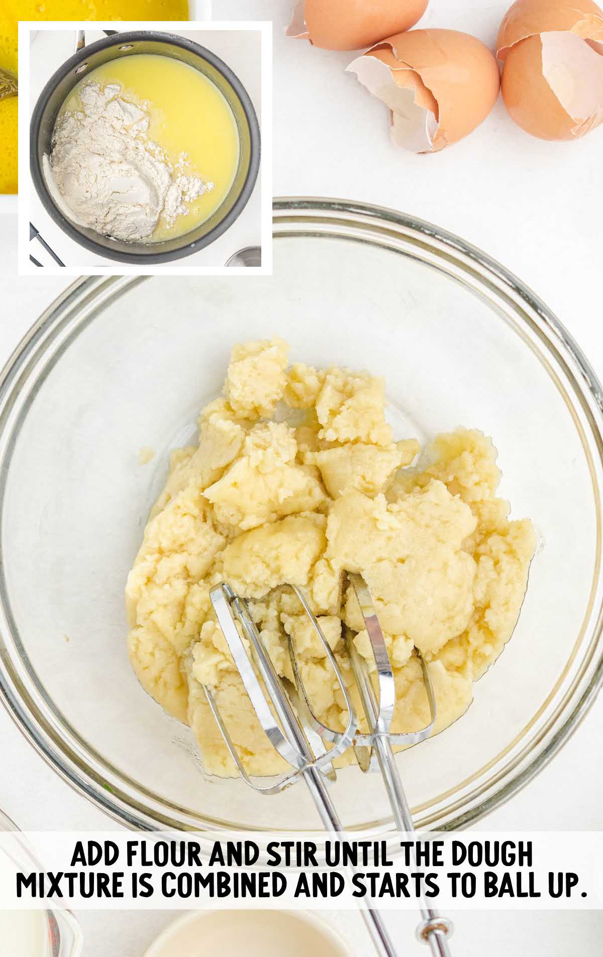 Glass bowl with cream puff dough forming into a ball, with inset of flour being added to melted butter in a saucepan.