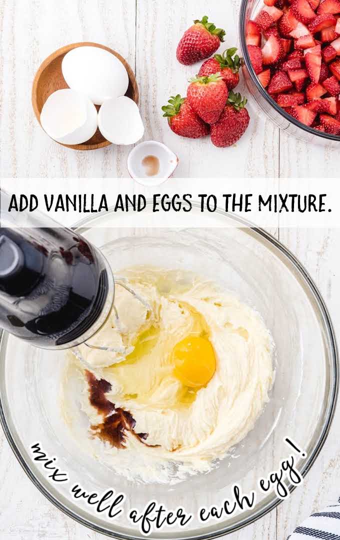 vanilla and eggs whisked together into the cream cheese mixture in a bowl