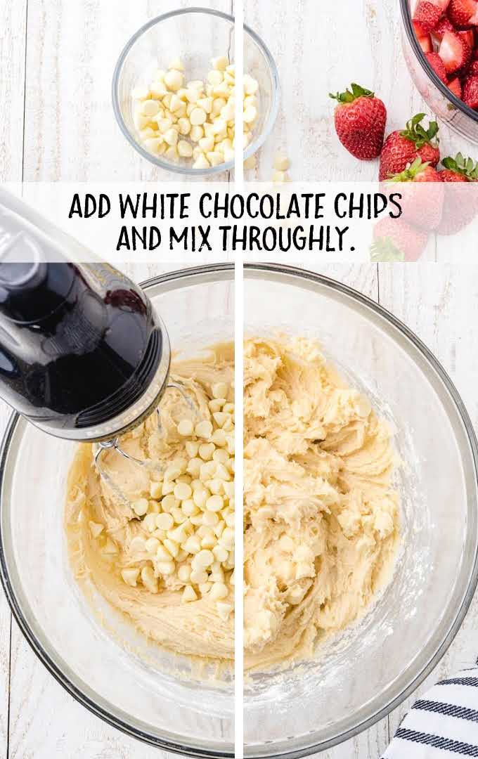 white chocolate chips whisked together into the cream cheese mixture in a bowl