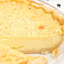 A slice of creamy custard pie with text overlay reading “Rich and Creamy Custard Pie – Old Fashioned Taste!”