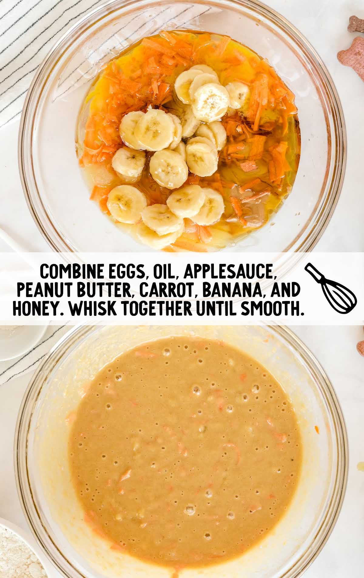 eggs, oil, applesauce, peanut butter, carrot, banana, and honey being mixed together in a bowl