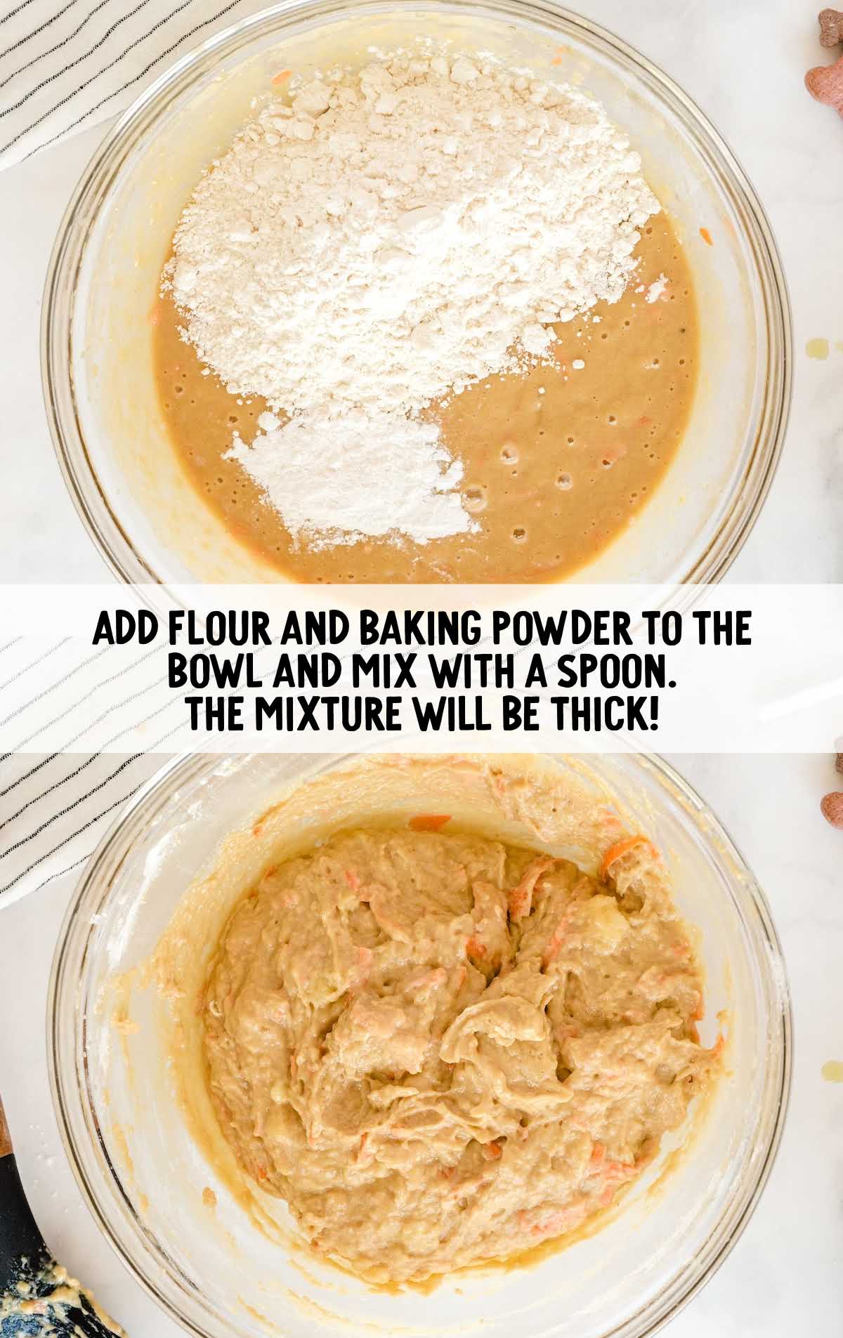 four and baking powder being mixed together in a bowl