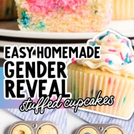 Infographic-style image showing pink-filled gender reveal cupcake and step-by-step view of how to fill cupcakes with colored frosting.