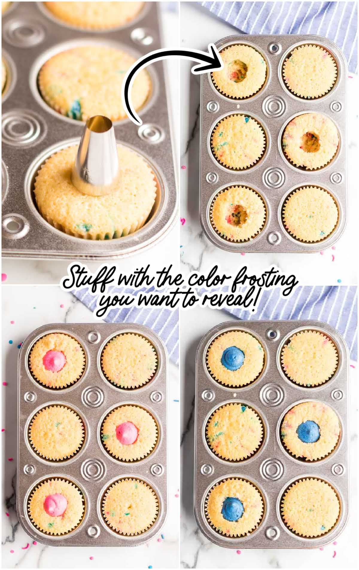 Step-by-step photo collage showing how to core and fill cupcakes with pink or blue frosting for a gender reveal.