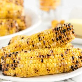 close up shot of grilled corn on the cob on a plate