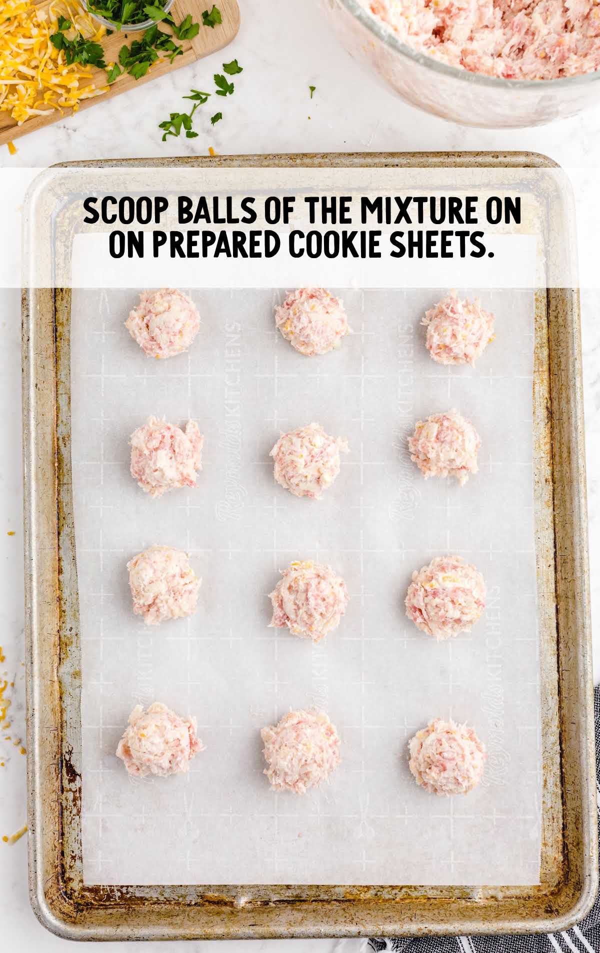 mixture scooped into balls and placed on cookie sheet