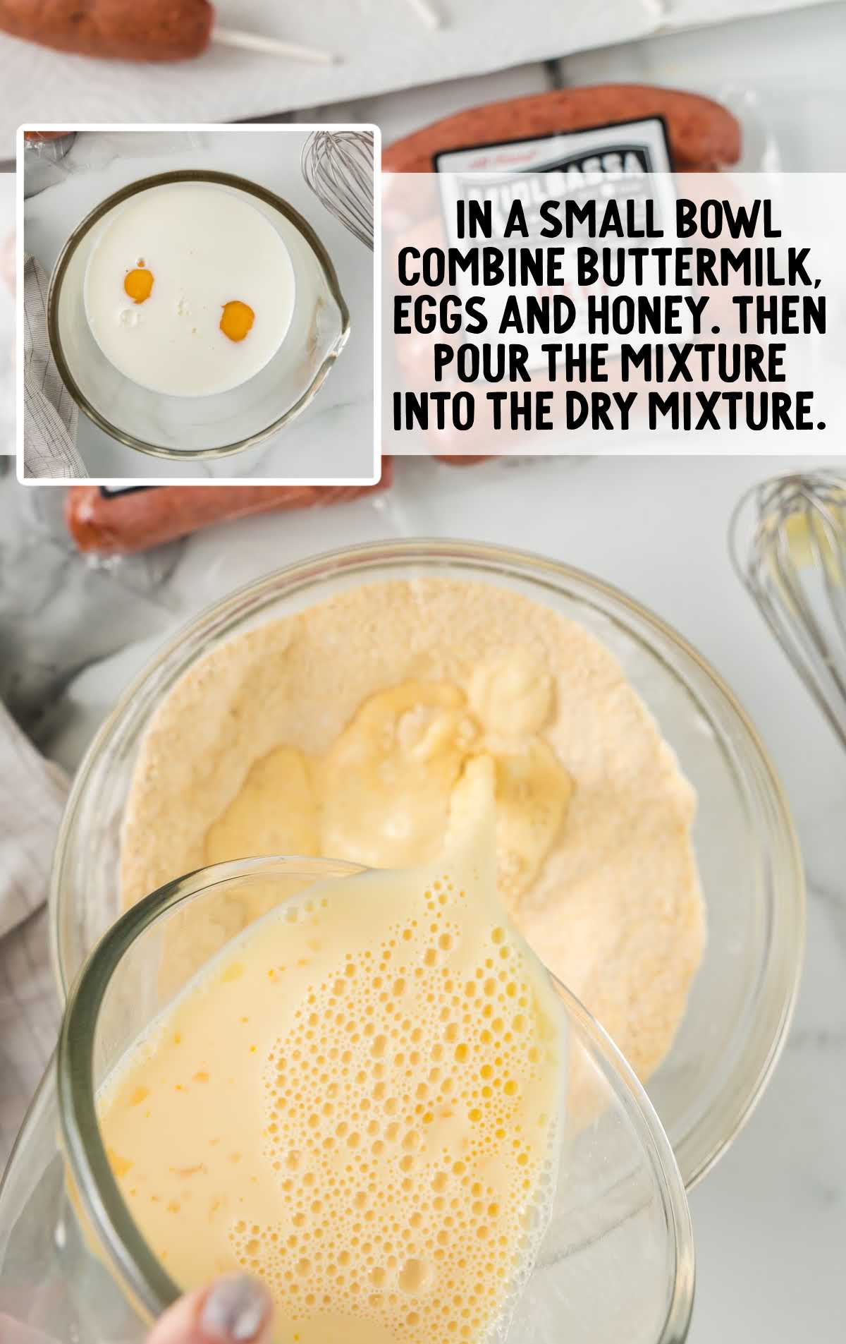 buttermilk, eggs, and honey combined in a bowl