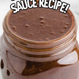 a close up shot of Hot Fudge Sauce in a mason jar