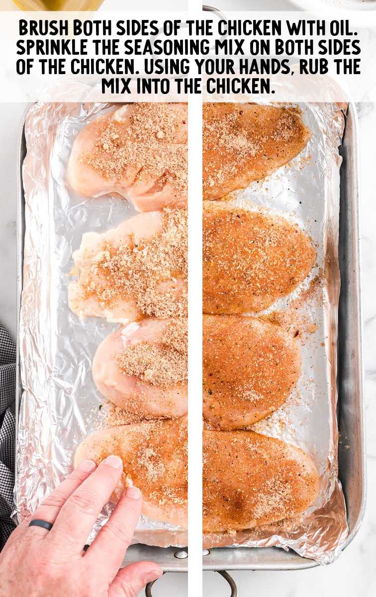 chicken being coated with seasoning in a pan