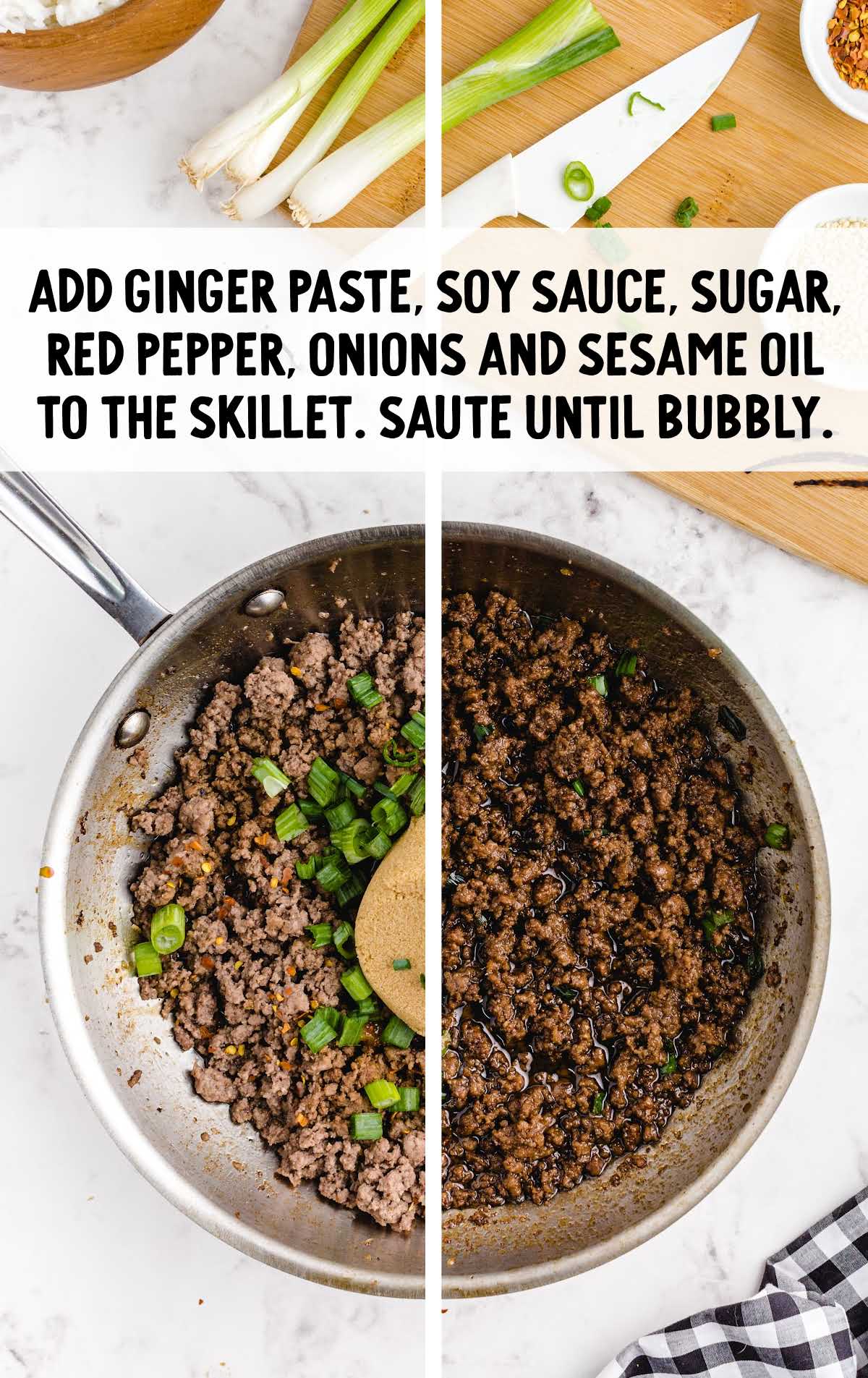 ganger paste, soy sauce, sugar, red pepper, onions, and sesame oil placed in a skillet