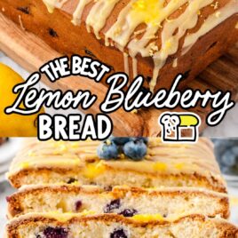 close up shot of a loaf of Lemon Blueberry Bread on a wooden board and close up shot of slices of Lemon Blueberry Bread on a wooden board
