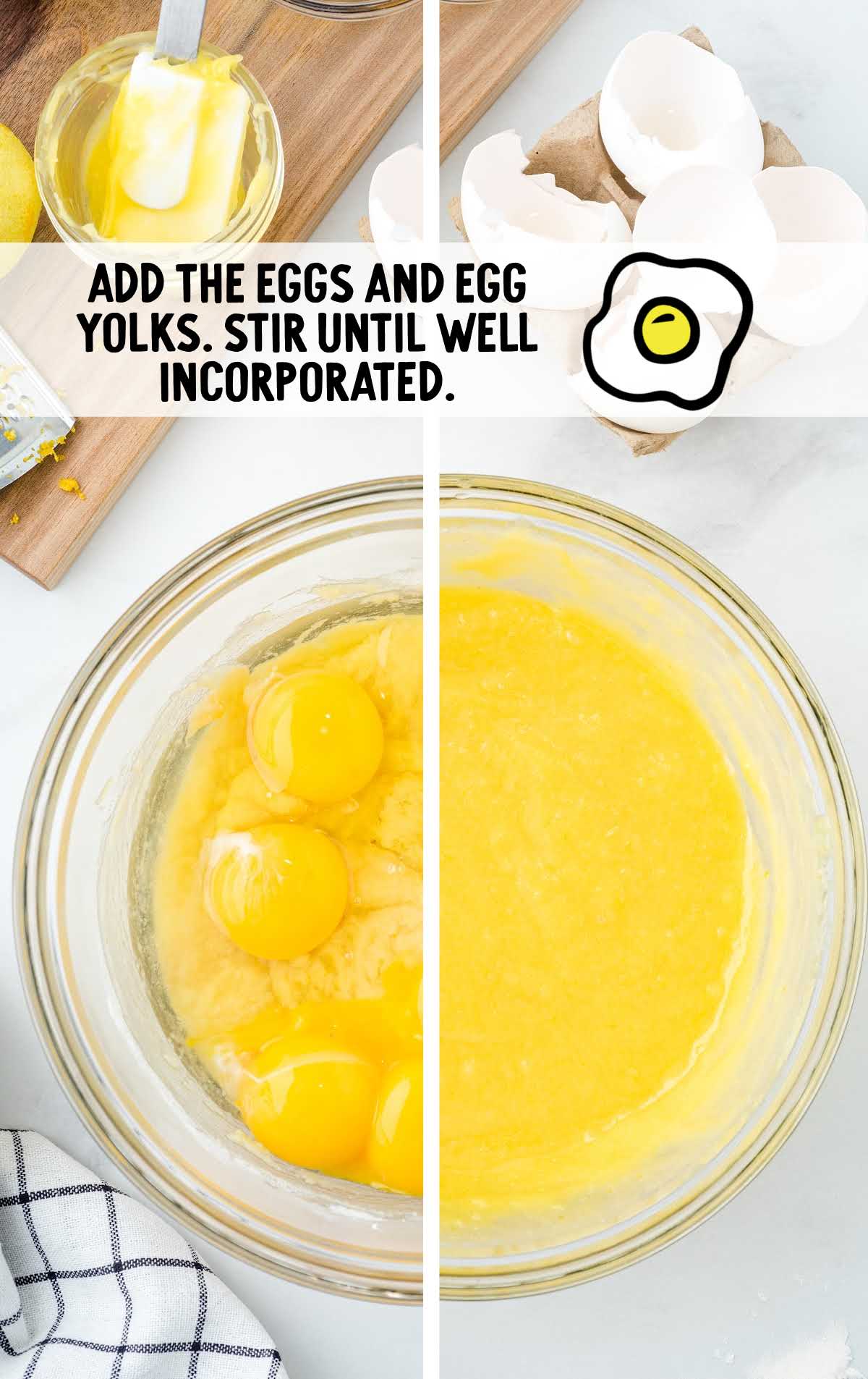 eggs and egg yolks combined in the bowl