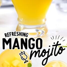 close up shot of Mango Mojito in a glass with mint leave and overhead shot multiple Mango Mojitos in a glass with mint leave