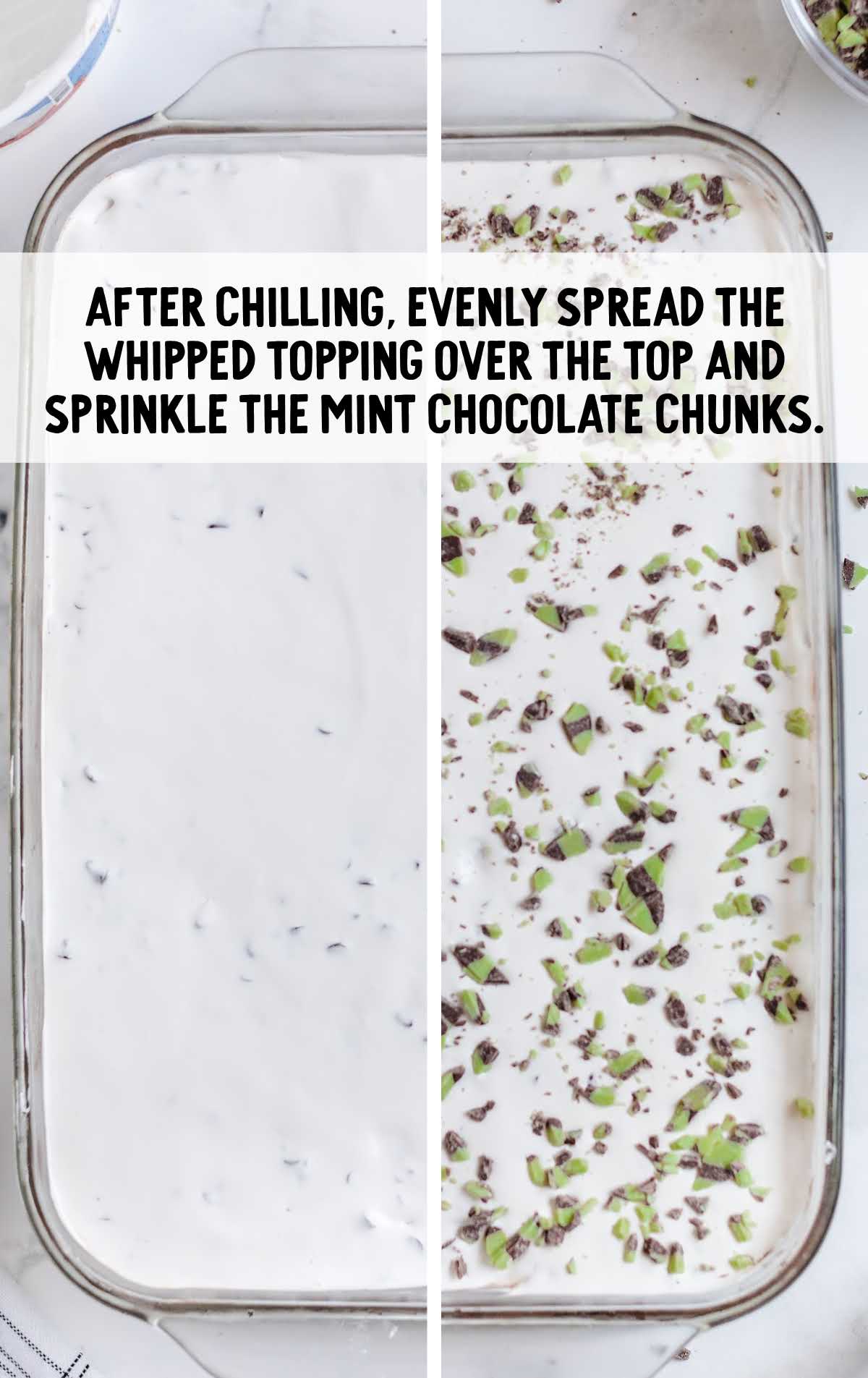 Whipped topping layer spread evenly over the dessert and sprinkled with mint chocolate pieces.