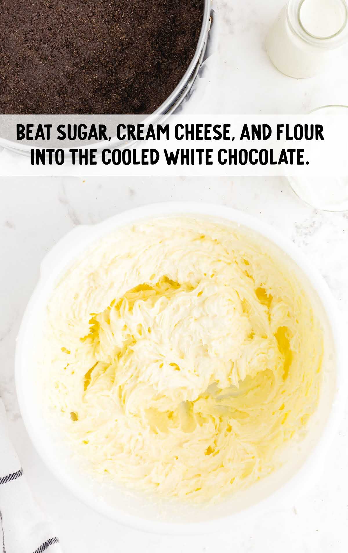 sugar, cream cheese and flour combined with white chocolate