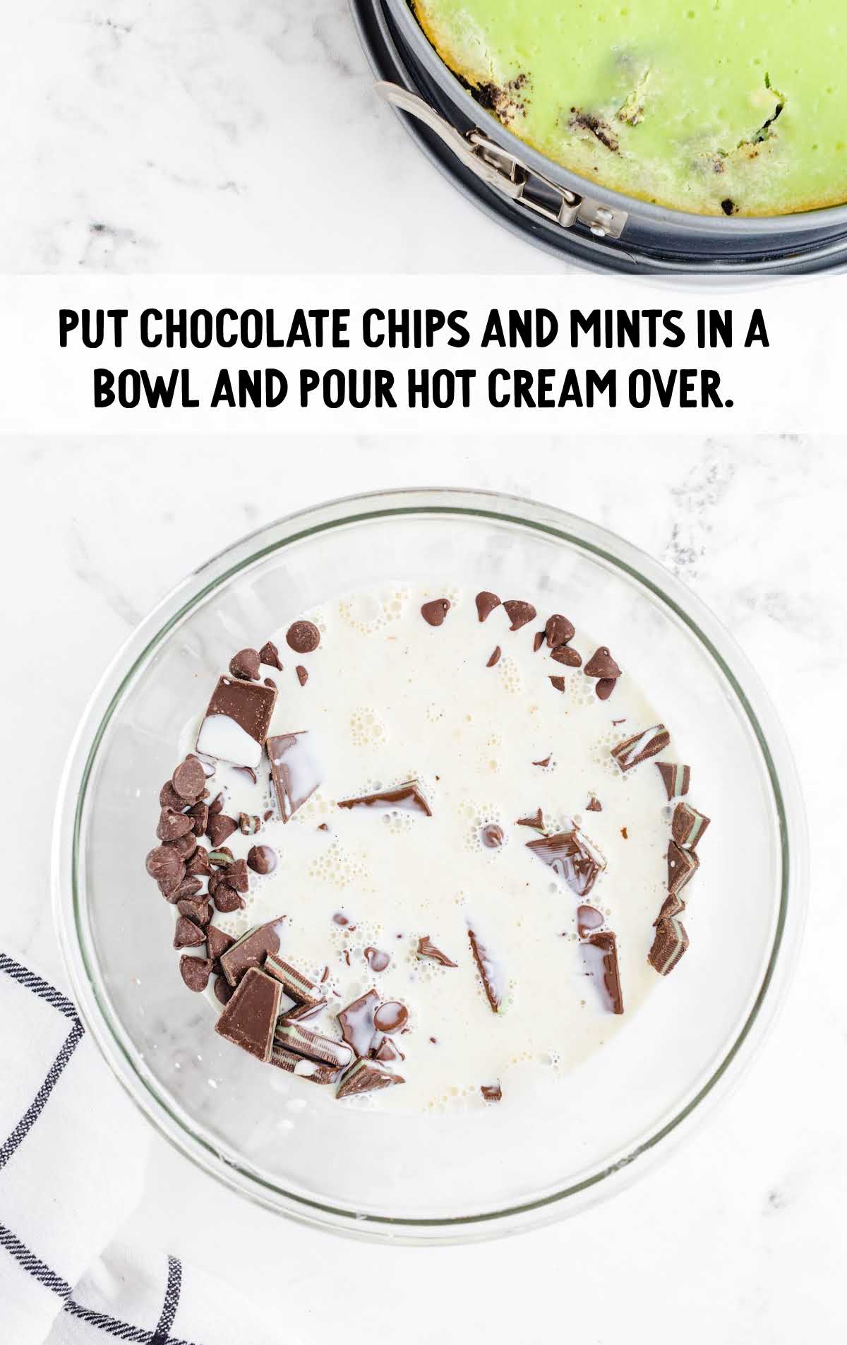 chocolate chip and mint placed in a bowl and hot creamer poured over