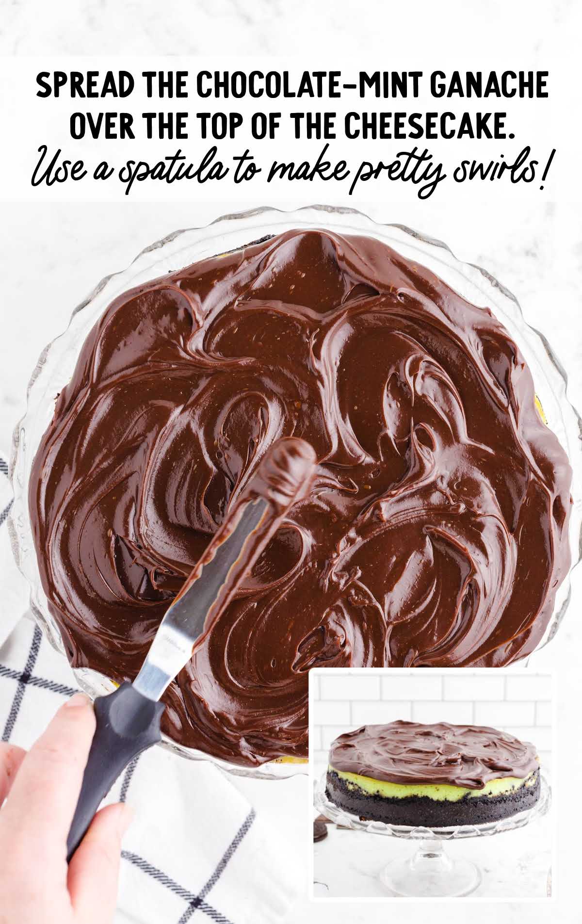 chocolate mint ganache spread over cheesecake
