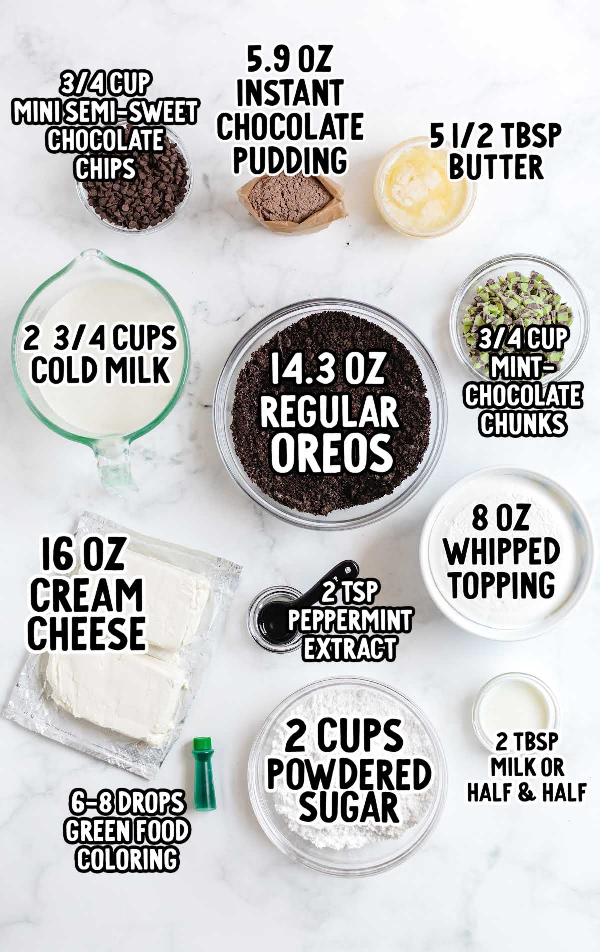 Labeled ingredient flat lay for mint chip dessert lasagna including Oreos, cream cheese, chocolate pudding, peppermint extract, and food coloring.