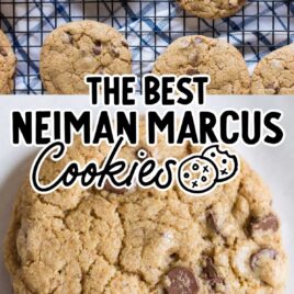 a close up shot of a Neiman Marcus Cookie and overhead shot of Neiman Marcus Cookies on a cooling rack