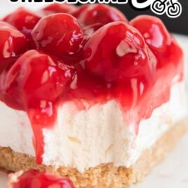 a slice of No Bake Cherry Cheesecake on a plate