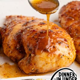 Chicken breasts are drizzled with brown sugar sauce for a flavorful twist on a classic Italian Chicken Recipe. Below, sliced chicken is served with salad and pasta, with text reading Dinner in under 30 mins! and Brown Sugar Chicken Recipe.