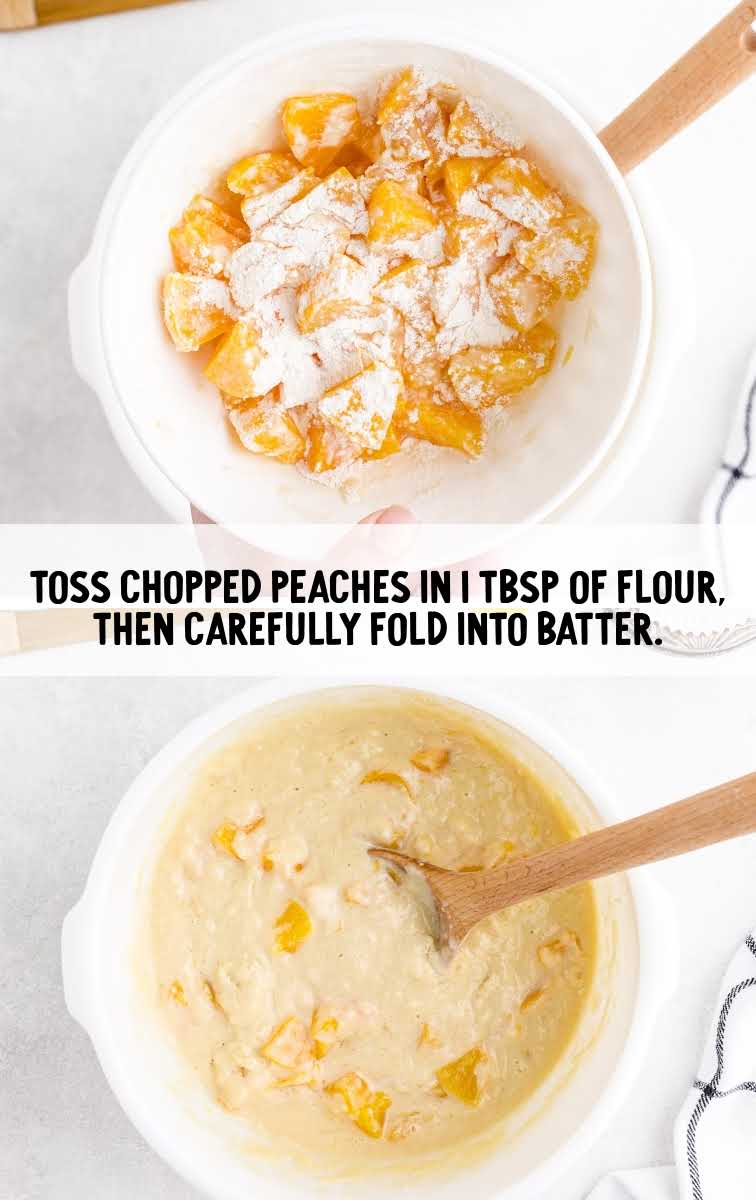 peaches coated in flour and added to batter in a bowl