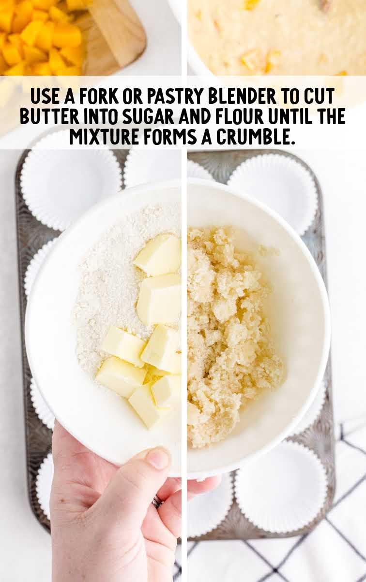 peach cobbler muffins process shot of before and after ingredients are blended together in a bowl