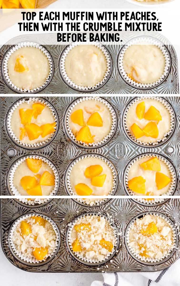 peach cobbler muffins process shot of muffin batter topped with peaches and crumble mixture in a muffin pan