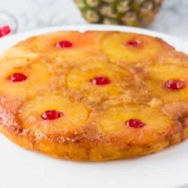 A close up shot of Pineapple Upside Down Cake on a plate