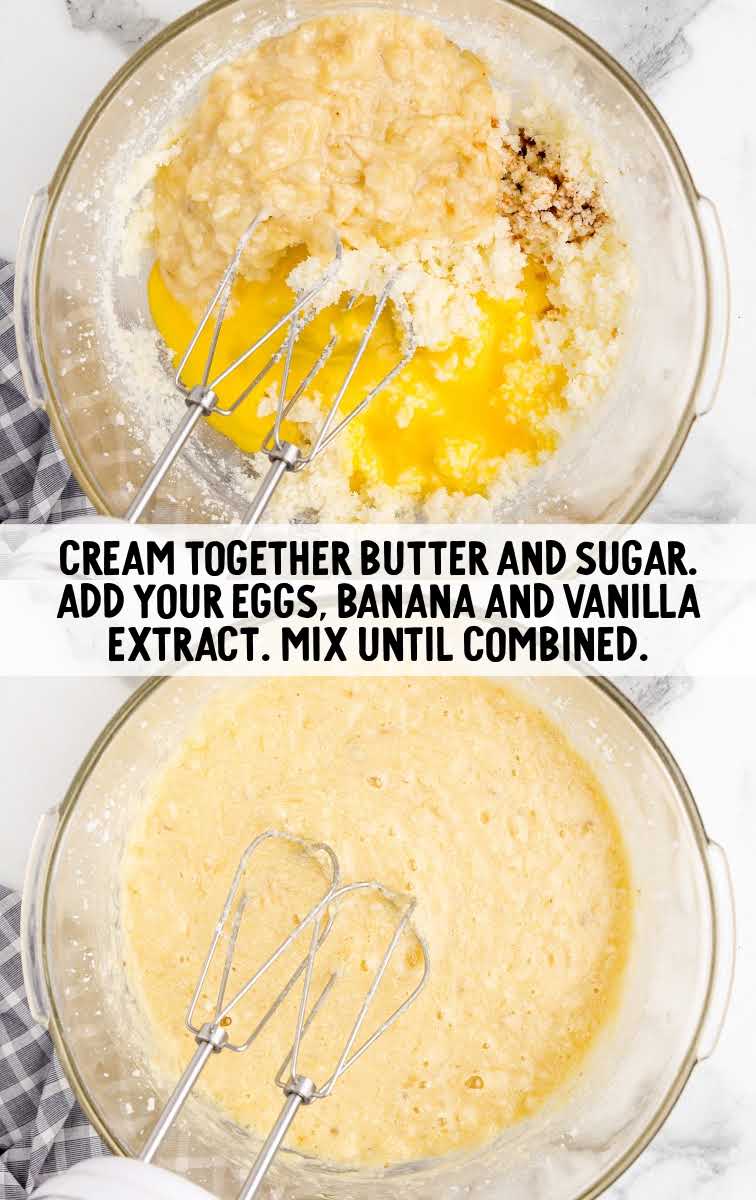 butter and sugar creamed together with eggs, banana and vanilla extract