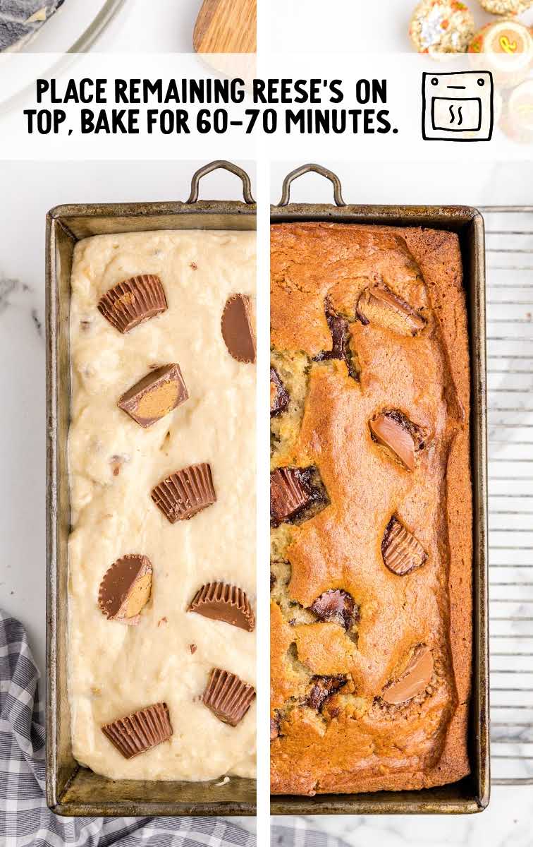 Reese’s peanut butter banana bread process shot before and after bread is baked