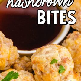 close up overhead shot of hashbrown bites on a white plate with a bowl of syrup