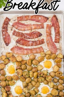 close up overhead shot of sheet pan breakfast garnished with parsley in a sheet pan